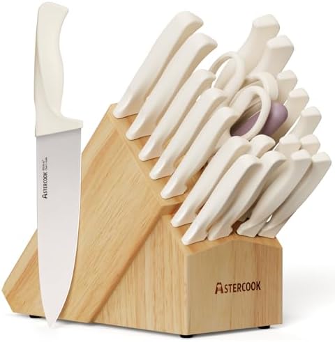 Knife Set, Astercook 22-Piece Kitchen Knife Set with Sharpener Block, High Carbon Stainless Steel Knives, Dishwasher Safe, Non-Slip Handle, Elegant Cream White Design, Perfect Holiday Gifts