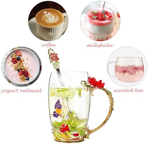 Flower Tea Cup ,Butterfly Rose Clear Glass Fancy Coffee Mug with Spoon,Gift Box for Her Mom Wife Grandma Girls Friends Valentines Christmas Birthday Present Idea for Juice,Hot And Cold Drinks Use