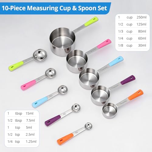 Bopei 10-Pcs Stainless Steel Measuring Cups & Spoons Set, Colorful Handles