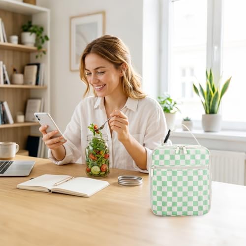Lunch Box for Women Men Adult Insulated Lunch Bag Women Men Small Reusable Lunchbox for Work Picnic Travel (Beige-Light Green Plaid)