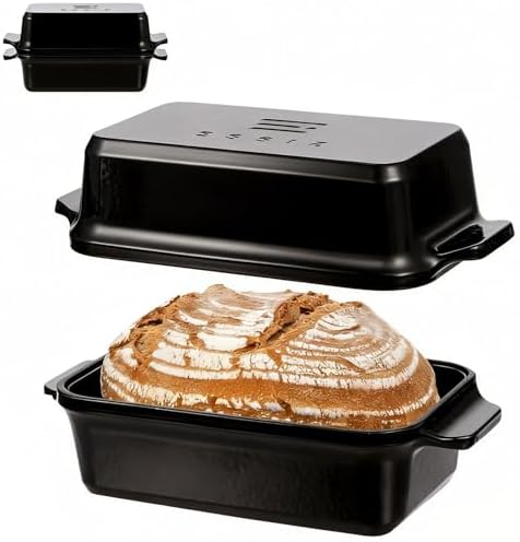Enameled Cast Iron Dutch Oven for Bread Baking, 9×5 Dutch Oven Pot with Lid for Homemade Bread, 2 in 1 Sourdough Bread Pan with Lid, Roasting & Braising, Oven & Induction Safe (4.2 QT,Black)