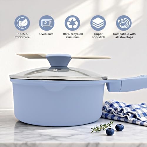 2.5 Qt Nonstick Sauce Pan with Lid, Sauce Pot with Pour Spout, Blue