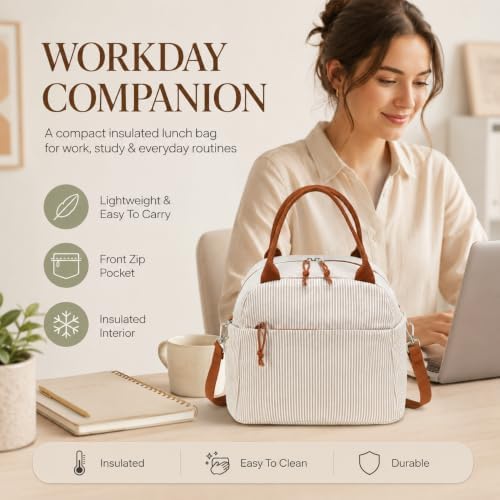 Bluboon Lunch Box for Women Cute Lunch Bag Reusable Insulated Lunch Bags Large Capacity Lunchbox Cooler for Work Picnic or Travel Gifts (Light Khaki White Stripes-13L, 10 x 7.5 x 8 inches)