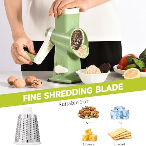 Rotary Cheese Grater Hand Crank Transparent - Shredder Slicer Grinder 3 Stainless Steel Blades, Stable Suction, Labor-Saving Handle, Safe Kitchen Tool for Cheese, Vegetable, Nuts, Chocolate