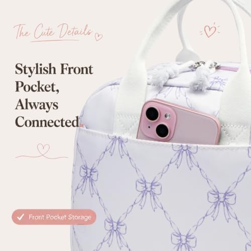 LOVELYWIND Lunch Box for Women, Insulated Lunch Bag, Purple Bow Print Tote