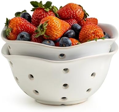 Gomakren Ceramic Berry Basket Set of 2, Floral Fruit Bowl with Holes, White