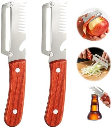 2-Pack 3-in-1 Vegetable Peelers for Kitchen with Wooden Handle, Stainless Steel Blades, Built-in Julienne Cutter & Bottle Opener, Fruit Peeler for Potato, Carrot, Apple, Cucumber & Pumpkin