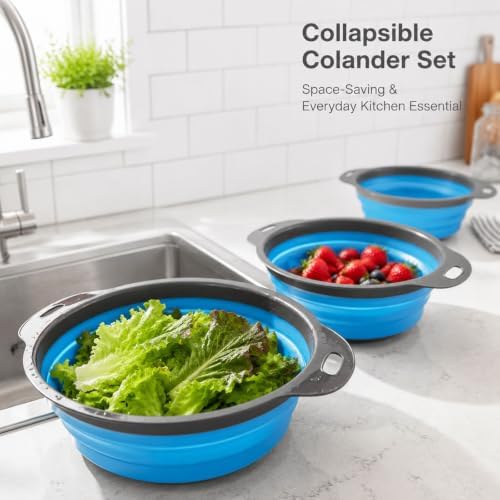Collapsible Colander Set, 3 Pack Silicone Kitchen Strainer Set, Space Saving Design, Small Round Colander Baskets for Draining Pasta, Vegetable and fruit, (2Qt+3Qt+5Qt)