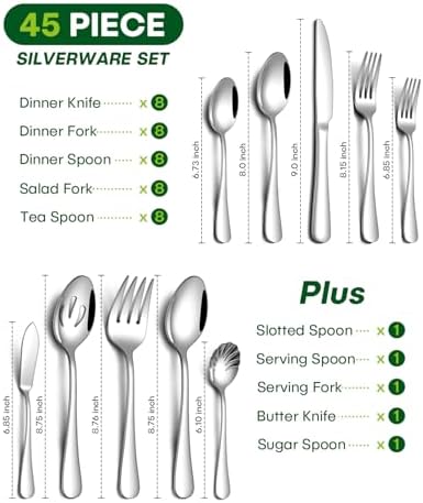 PHILIPALA 45 Piece Silverware Set with Serving Utensils, Stainless Steel Flatware Set for 8 Food Grade Novelty Flatware Cutlery Utensil Set Include Knife Fork Spoon Mirror Polished Dishwasher Safe