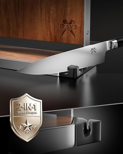 RAVS Magnetic Knife Holder for Countertop, Double-Sided Acacia Wood Magnetic Knife Block with Stainless Steel Frame, Freestanding Knife Storage Rack with Knife Sharpener, Magnetic Knife Holder Stand