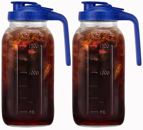 2 Pack 64oz (2 quart) Glass Pitcher with Handle and Lid, Mason Jar Pitcher