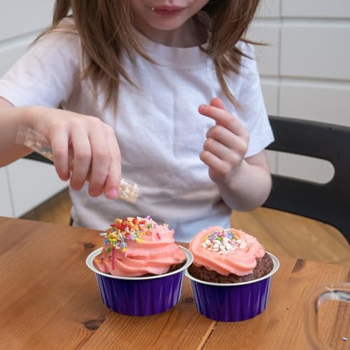 100Pcs Aluminum Cups with Lids,5oz Disposable Ramekin Baking Cups Muffin Liners Mini Pie Pans Foil Cupcake Containers for Christmas Party Wedding Party,Dark Purple
