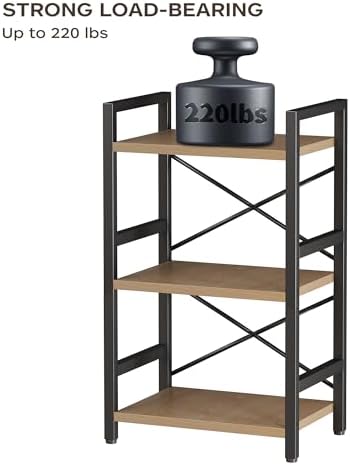 Homeiju Bookshelf, 3 Tier Industrial Bookcase, Metal Small Bookcase, Rustic Etagere Book Shelf Storage Organizer for Living Room, Bedroom, and Home Office(Light Coffee) Patent Pending D29873033