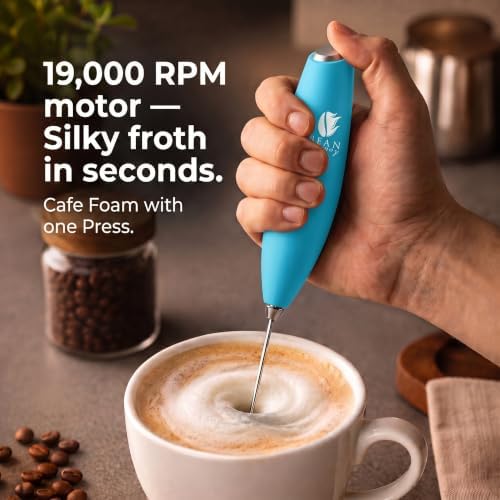 Bean Envy Milk Frother Handheld - Coffee Mixer Wand with Stand - Light Blue