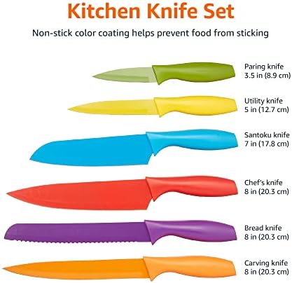 Amazon Basics Color-Coded Dishwasher Safe Kitchen Knife Set, 12-Piece with Ergonomic Handles, Non-stick Sharp Blades, 6 Knives with 6 Blade Guards, Multicolor, 13.88 x 4.13 x 1.38 inch