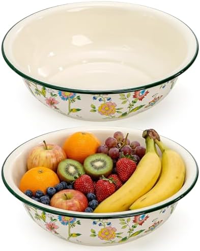 Lawei 2 Pack Vintage Enamel Mixing Bowls, 11.8 Inch Primitive Enamelware Basin for Fruit, Salad, Pasta, Dough Making, 3.6 Quart Enamel Washing Bowl Serving Tray for Camping, Kitchen, Farmhouse Decor