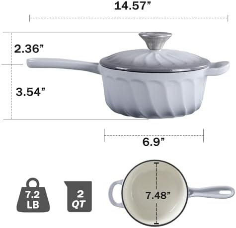 Enameled Cast Iron Sauce Pan with Lid, 2 Quart Saucepan with Lid