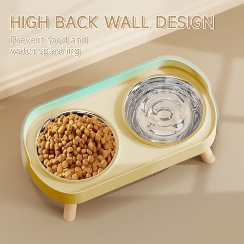 Elevated Cat Bowl, Raised Cat Food and Water Bowl Set for Indoor Cats, Splash Proof with 2 Stainless Steel Pet Food Bowls for Cats and Puppies, Whisker Fatigue and Dishwasher Safe - Yellow