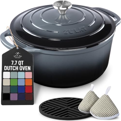 Zulay Kitchen 7.7 Quart Enameled Cast Iron Dutch Oven Pot with Lid – Premium Durability & Oven Safe up to 500°F – Heavy Duty Cookware Perfect for Bread Baking, Stews, Braising & Roasting – Gray