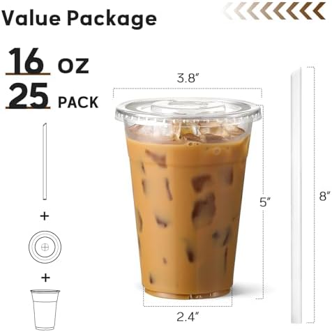 AOZITA 25 Pack - 16 oz Plastic Cups with Lids and Straws, Clear Iced Coffee Cups with Lids, Disposable Cups with Lids for Cold Drinks, Iced Tea, Milkshakes, Smoothies - Durable & BPA Free
