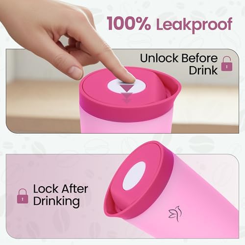 12oz Travel Coffee Mug with Lid | Insulated Stainless Steel Tumbler for Hot & Cold Drinks | Leakproof, Reusable, BPA Free, Dishwasher Safe, Cup Holder Friendly, Pink