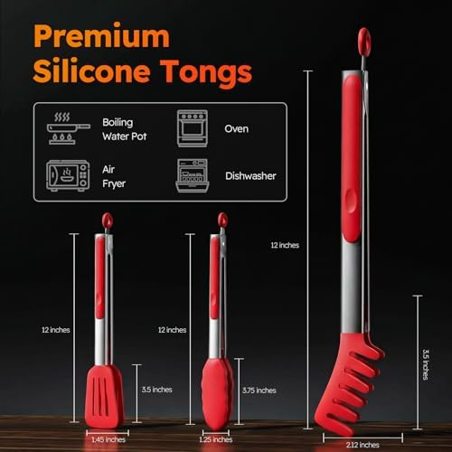 HST Non Stick Silicone Kitchen Tongs, 3 Pack 12 Inch Red BBQ Cooking Baking