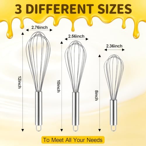 Ninsula 3 Pack Stainless Steel Whisk, 8" 10" 12" Thicken Heavy Duty Whisk Set, Food Grade Kitchen Wire Whisks for Cooking, Whisking, Blending, Stirring
