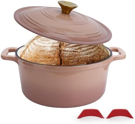 Enameled Cast Iron Dutch Oven with Lid&Silicone Grip, Round Casserole Pot for Bread Baking, Braising, Roasting,Stews,Heavy-Duty Baking Pan,Oven Safe, Induction Compatible (4.7QT,Mocha)