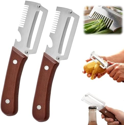 Multifunctional Vegetable Peeler,3 in 1 Stainless Steel Potato Peeler with Bottle Opener,Wooden Handle Fruit&Veggie Peeler for Kitchen,Carrot Apple Peeling Tool, GreenOnion Shredder Kitchen Gadget