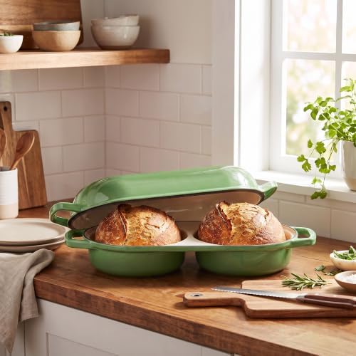 EDGING CASTING Enameled Cast Iron Double Bread Dutch Oven, Pistachio Green
