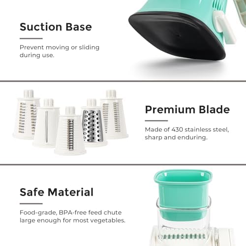 X Home 5‑in‑1 Rotary Cheese Grater for Kitchen, Blue | Upgraded Hand Crank; Stronger Suction Base, Multifunctional Drum Blades; for Cheese, Vegetables, Nuts; Easy to Use and Clean