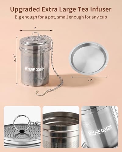 HOUSE AGAIN Large Tea Infuser, Extra Fine Mesh Tea Strainers for Loose Tea, 18/8 Stainless Steel Tea Strainer with Extended Chain Hook, Tea Steeper for Brew Tea, Spices & Seasonings for Multi Cups
