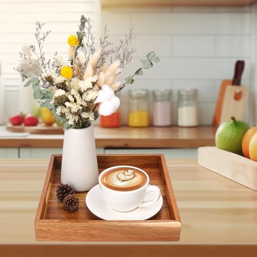 4 PCS Acacia Wood Serving Tray with Handles - 10 Inch Square Wooden Tray with Handles, Ideal as Breakfast, Coffee Table, Decorative, Serving(1.75 Inch Thickness)