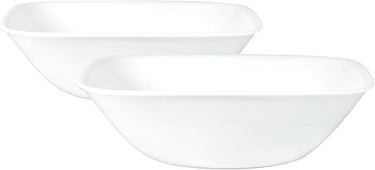 Corelle Vitrelle 2-PC Large 1-Qt Glass Serving Bowl, Crack and Chip Resistant, Square Serving Trays, White