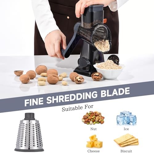 Rotary Cheese Grater with Handle Kitchen Shredder Slicer Grater Slicer Ice Shaver Cheese Vegetable Nuts Potato Zucchini Chocolate 3 Interchangeable Blades (Grey TSP)