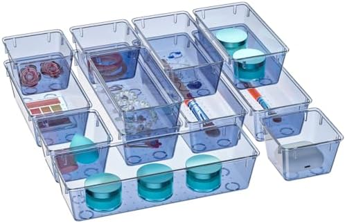 12 Pack Clear Drawer Organizer Set, Drawer Storage Trays, Storage Bins