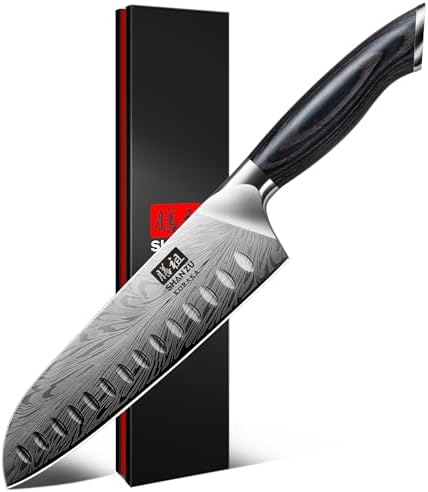 SHAN ZU Kitchen Knife, Santoku Knife 20cm Professional High Carbon Powder Steel Japanese Knives, Ultra Sharp Kitchen Utility Knives with Ergonomic Pakka Wooden Handle