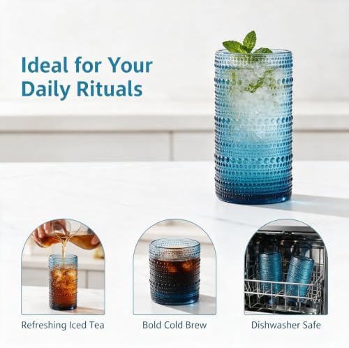 Hobnail Drinking Glasses Set of 8, Blue 12oz & 16oz Glass Cups
