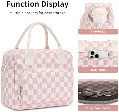 Lunch Bag Women Lunch Box for Women Adult Cute Insulated Lunch Bag Lager Cooler Lunch Tote Bags for Work Picnic (Beige-Pink Plaid)