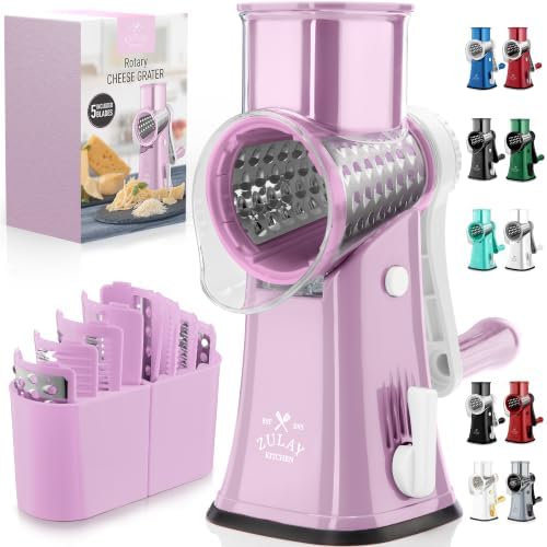 Rotary Cheese Grater Manual Hand Crank 5 Blade Shredder, Lilac & White
