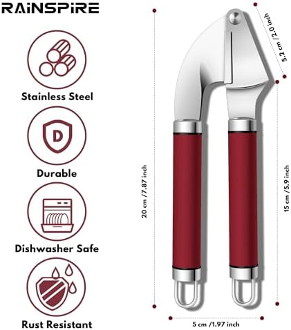 Rainspire Premium Garlic Press Stainless Steel, Garlic Mincer Tool, Garlic Crusher Tool, Garlic Smasher Garlic Masher Includes Silicone Garlic Peeler & Cleaning Brush, Dishwasher Safe (Red)