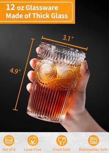 Loivttvv 6pcs Vintage Drinking Glasses Set, 12 oz Clear Highball Glasses, Embossed Ribbed Glassware Cups for Cocktail, Water, Juice, Coffee, Whiskey