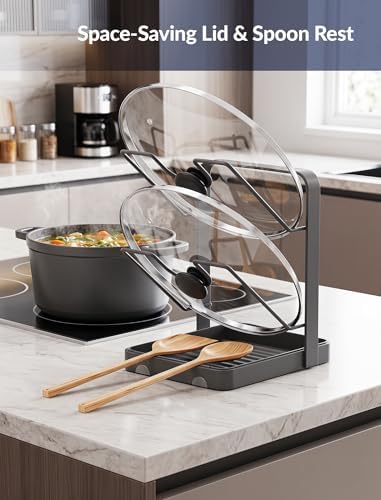 NiHome Pot Lid Holder and Spoon Rest with Removable Drip Tray – Black Iron Kitchen Counter Organizer for Cooking Utensils, Ladles, Spatulas, Cutting Boards & Cookware