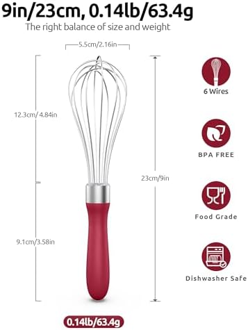 U-Taste Wire Whisk for Cooking, 18/10 Stainless Steel Balloon Wisk, S/Red