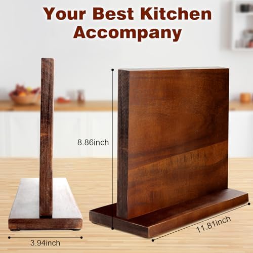 Magnetic Knife Block Double Sided Magnetic Knife Holder Rack with Strong Enhanced Magnets Acacia Wood Magnetic Knife Storage Stand-Dark Brown