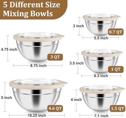 P&P CHEF Metal Mixing Bowls with Lids Set, Visible Airtight Lids & Khaki