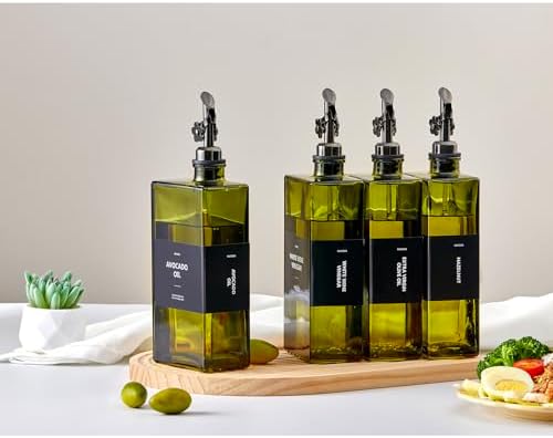 Olive Oil Dispenser Bottle for Kitchen, 16.9oz /500ml Cooking Vinegar Dispenser Bottle Set, Glass Sauce Container, Labels, Brush, Funnel, Stoppers, Green for Oil, Wine