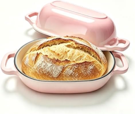 Oval Cast Iron Dutch Oven, Sourdough Bread Baking Pan with Lid, Pink