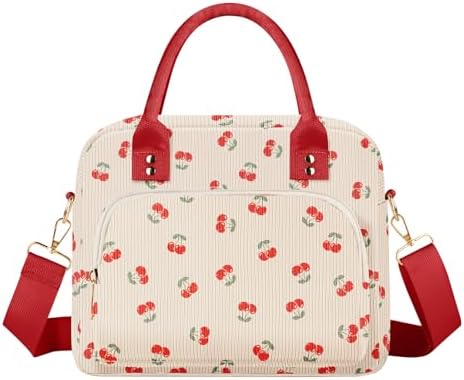 Lunch Bag Large Insulated Lunch Box for Women Men Adult Cute Cherry Lunchbox Corduroy Lunch Bags Boxes Pail with Shoulder Strap for Work Mom Picnic Office Travel 11.4×6.8×9.1 inches 11.5L