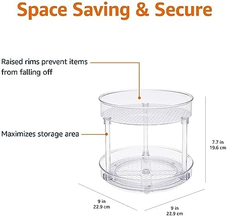 Amazon Basics Lazy Susan Turntable Organizer for Spices and Condiments, 9" Diameter, 2 Tier, Clear